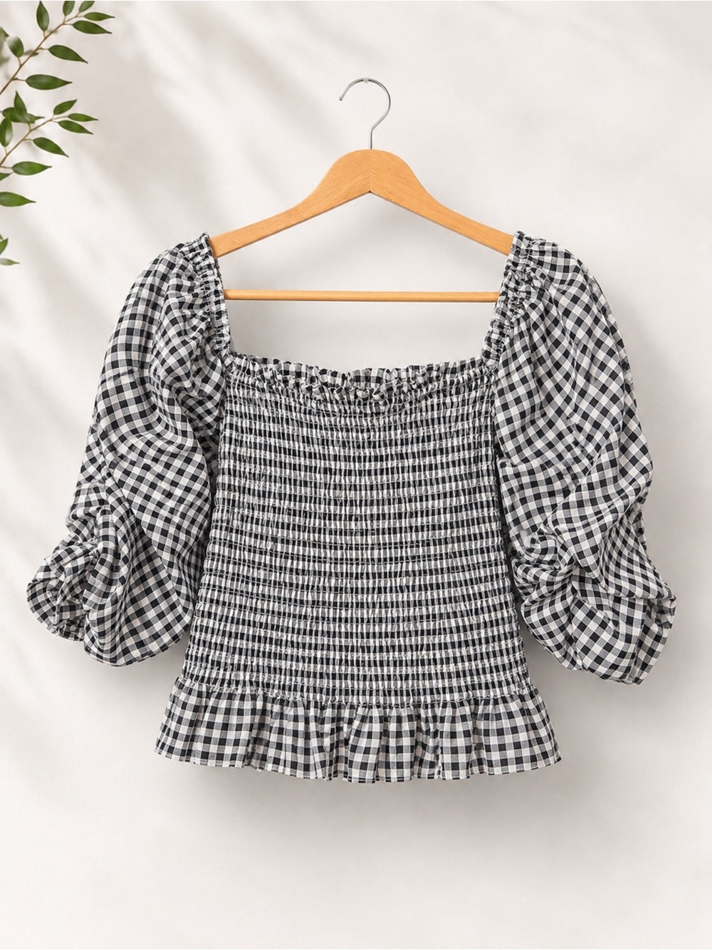 Gingham Smocked Puff Sleeve Top - Black/White